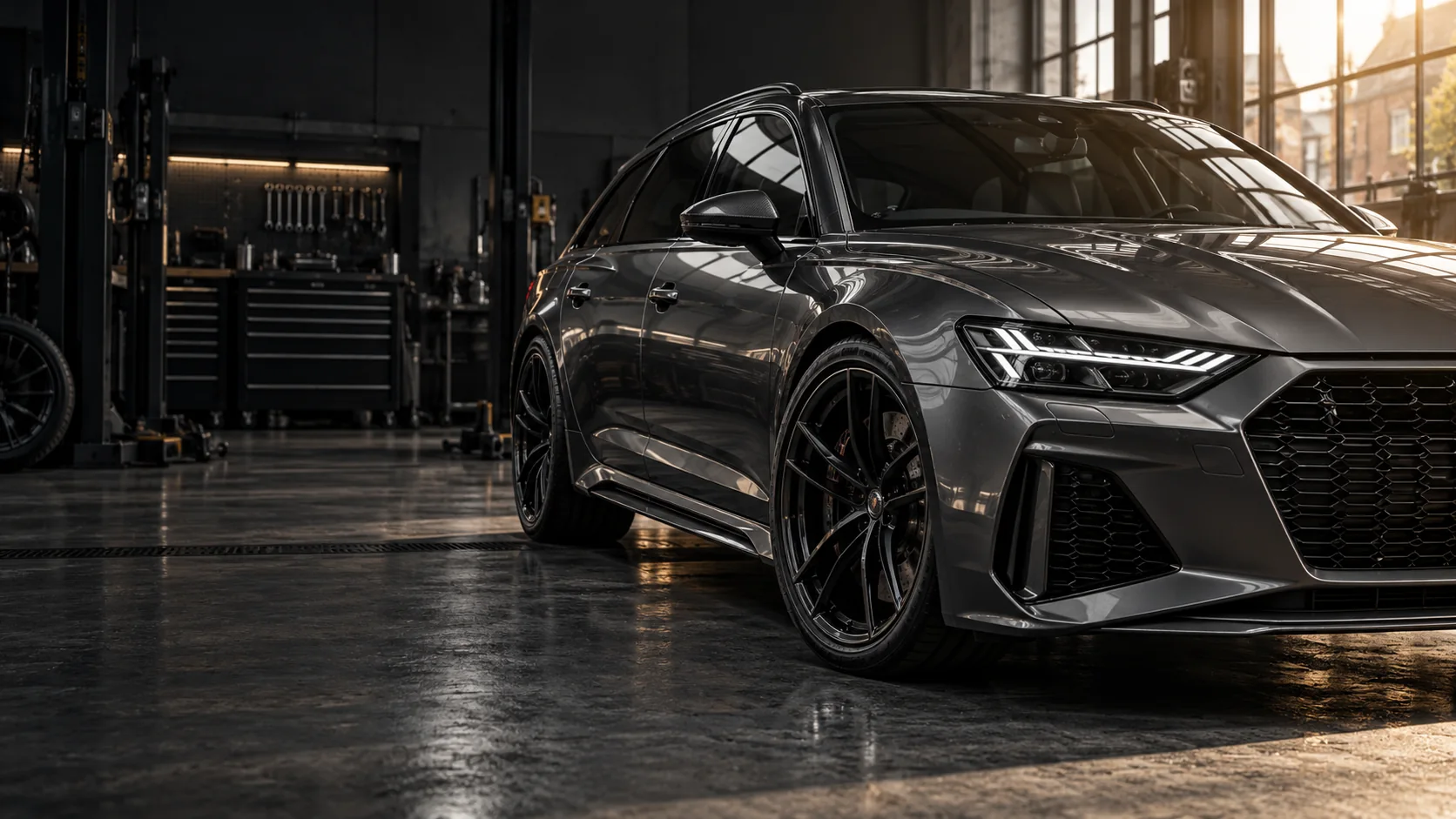 AI illustration of a graphite car in a carefully lit automotive workshop