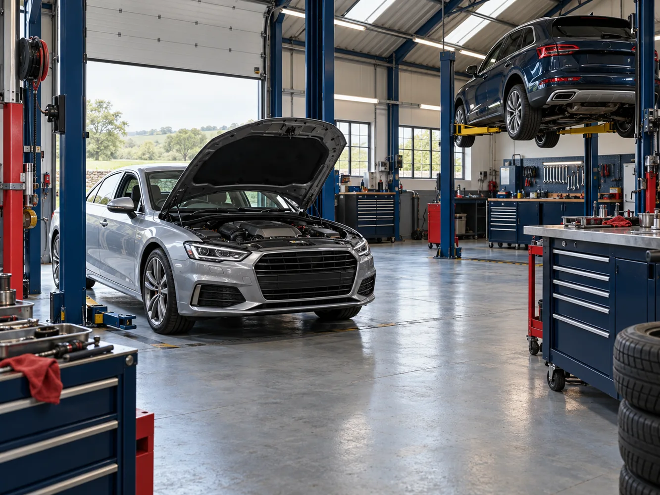 Illustration of a tidy vehicle repair workshop